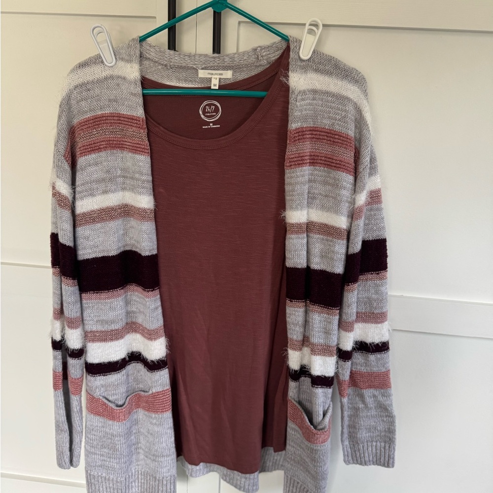 Gray and Pink Striped Cardigan Sweater